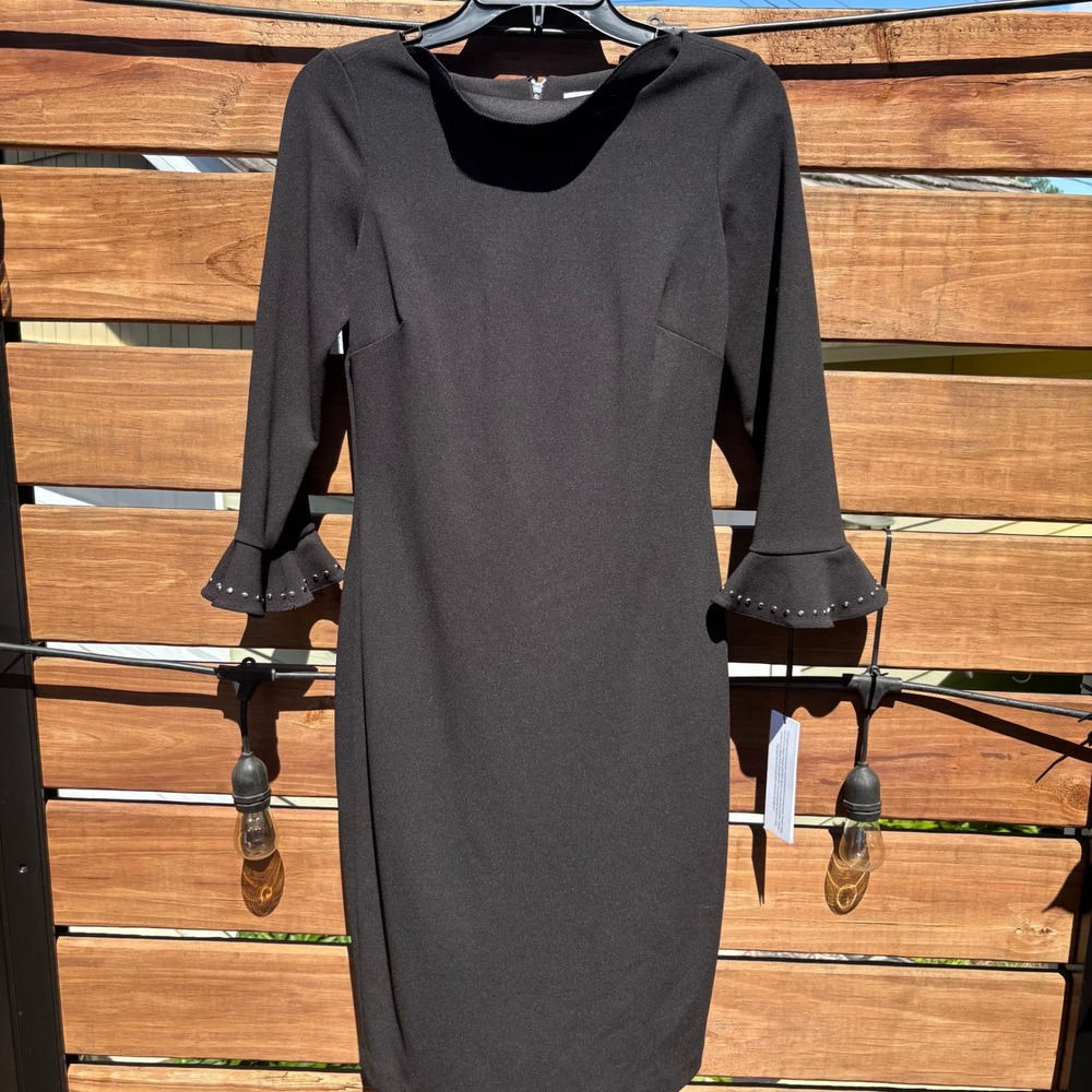 Calvin Klein Sheath Dress Womens 2 Black NWT Studded Bell Sleeve CD9C12P4